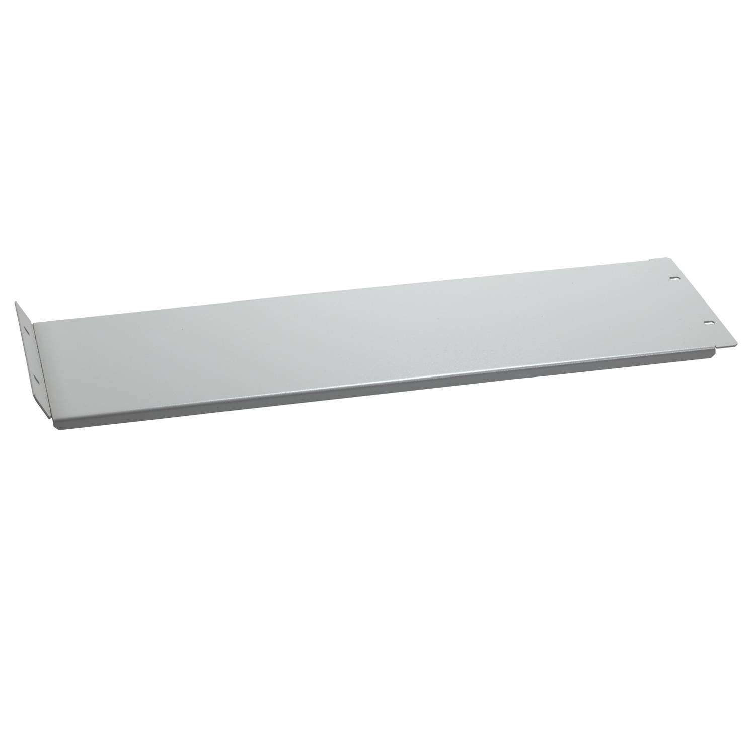 A silver, rectangular shelf board with drilled holes at the ends for mounting on a wall or a frame.