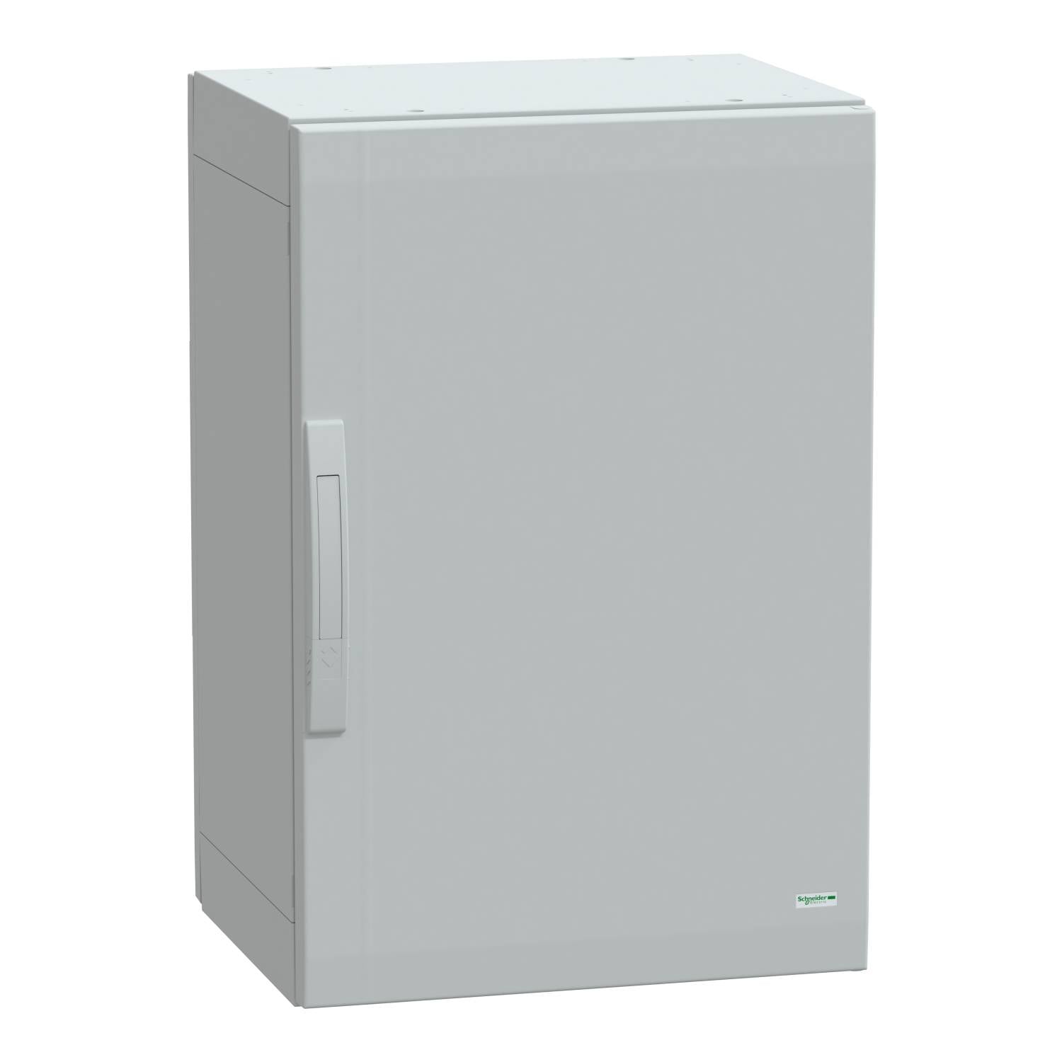 A grey security cabinet with a door handle, suitable for storing electrical components.