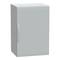 A grey security cabinet with a door handle, suitable for storing electrical components.