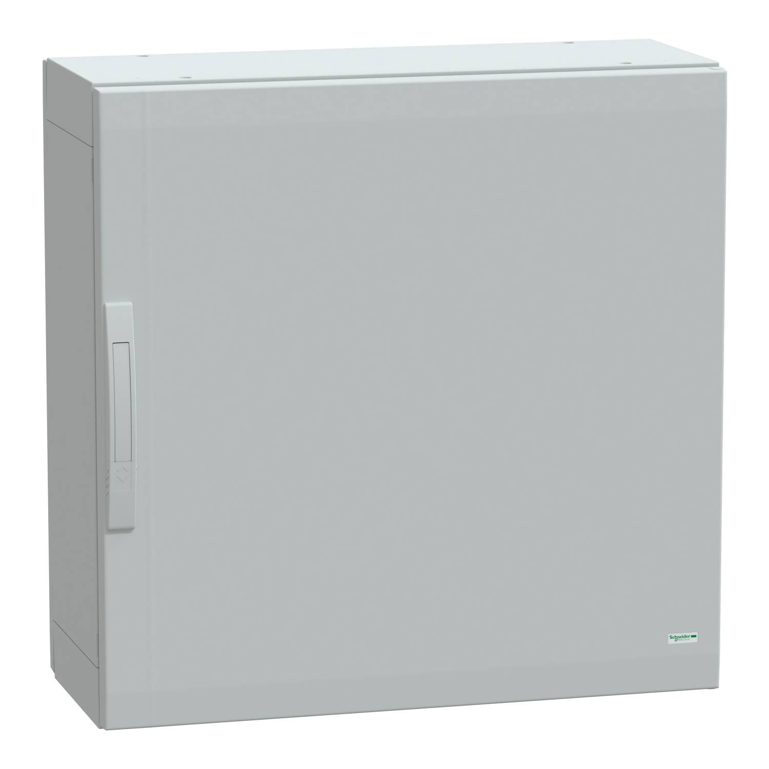 Grey electrical control cabinet with a handle on the left-hand side.
