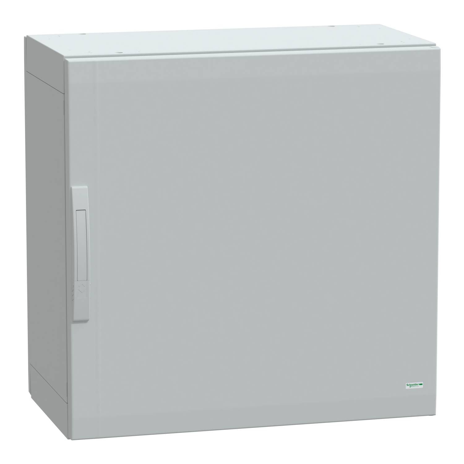 A rectangular grey metal box with a door on the left side. Most likely a distribution or cabinet enclosure.