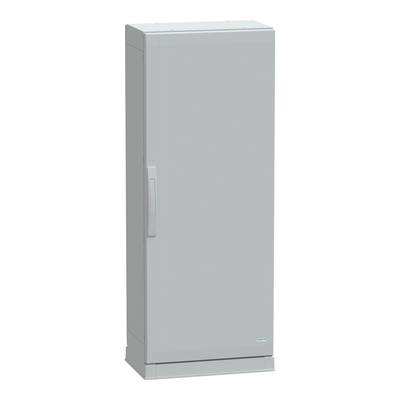 A grey cupboard with one door and a simple design. The location is not specified.
