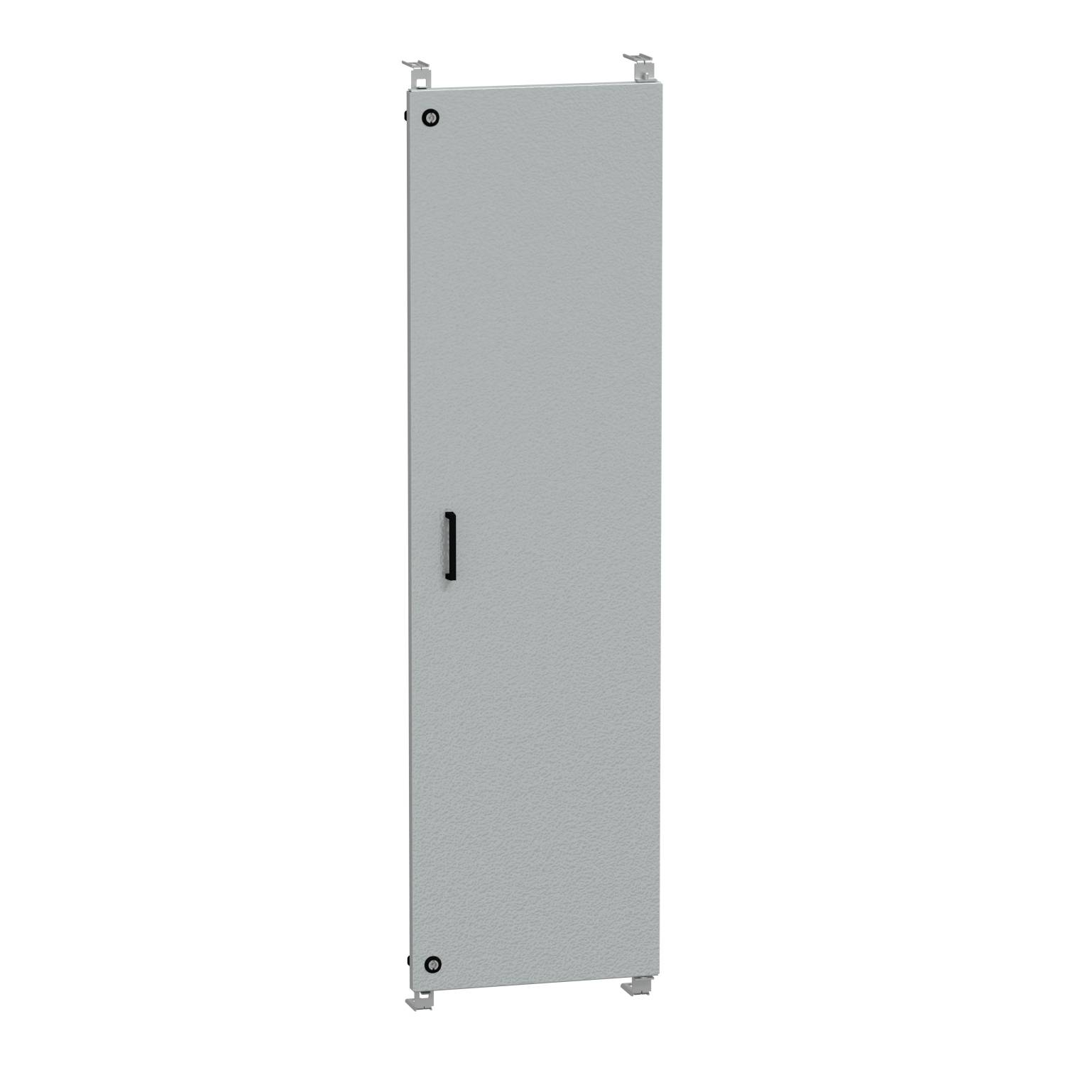 A grey metal door with a black handle, mounted in a vertical position.