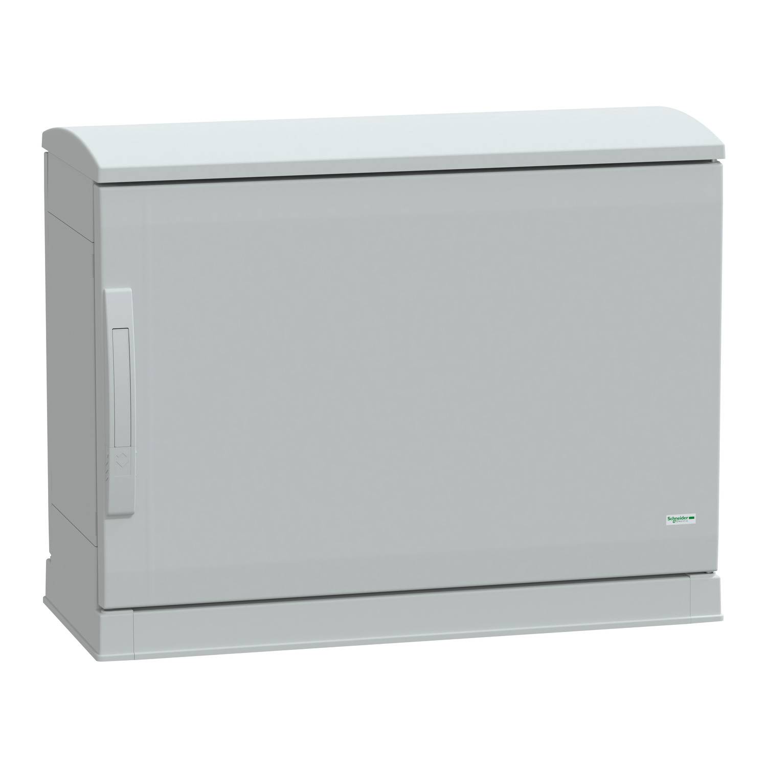 A grey plastic distribution box with rounded corners and a door on the front, standing freely against a white background.