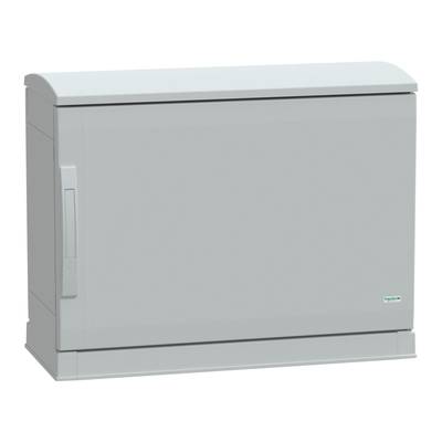 A grey plastic distribution box with rounded corners and a door on the front, standing freely against a white background.
