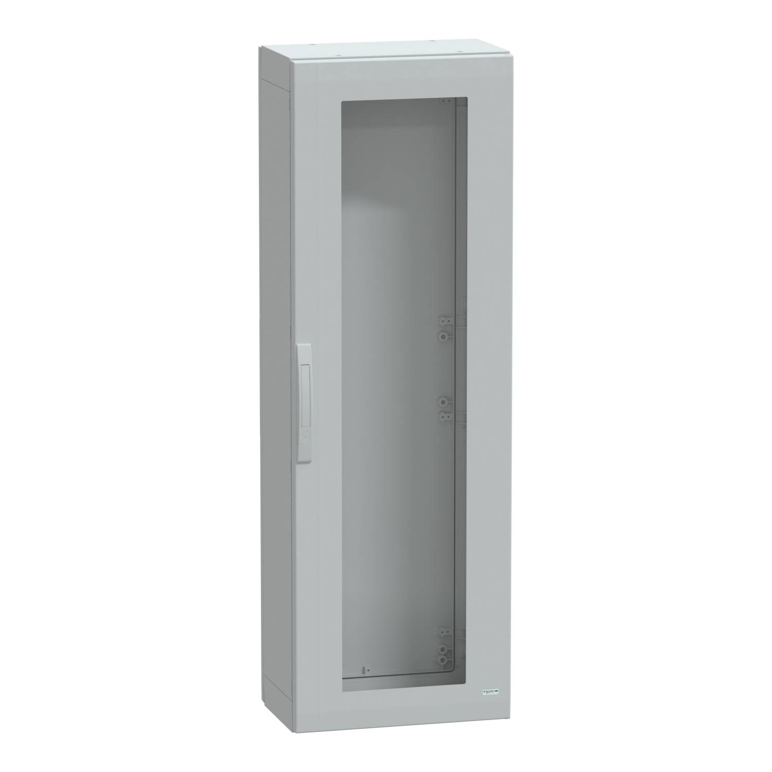A vacant, open metal cabinet with a glass front, suitable for storing electronic devices or network components.