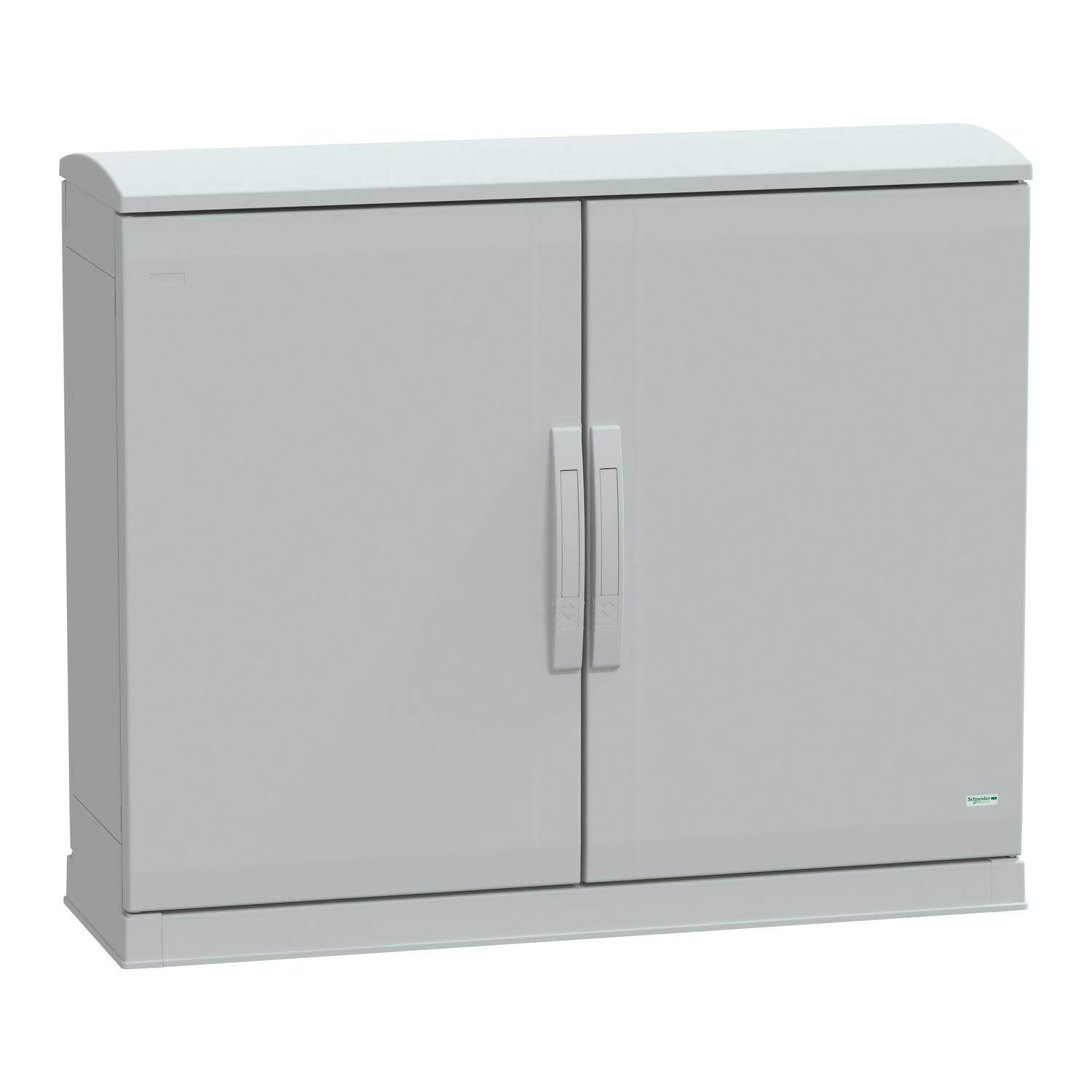 Grey, two-winged distribution box with a smooth surface. Suitable for outdoor installation for electrical connections.