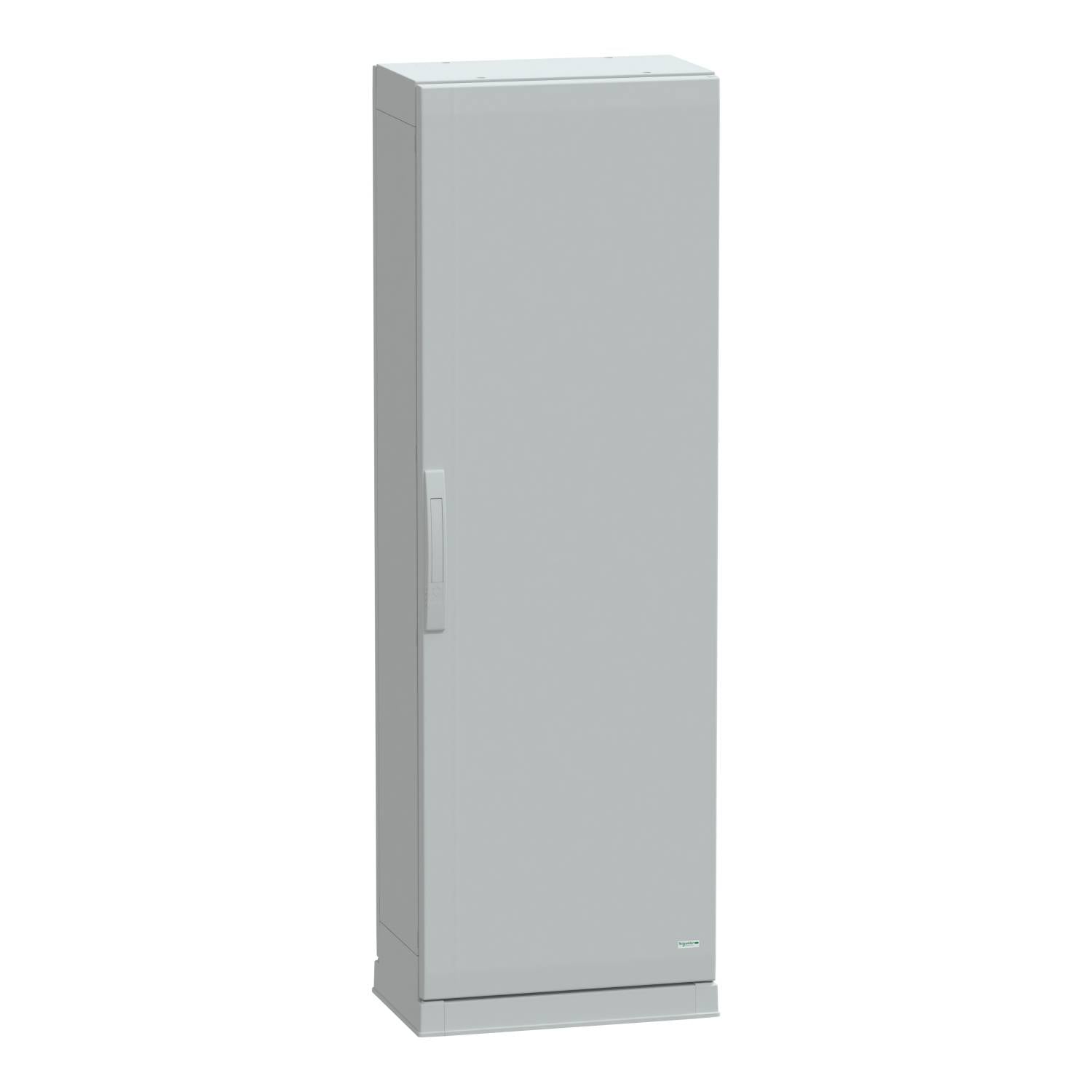 A tall, grey cupboard with one door and a handle on the left side. Suitable for indoor storage.