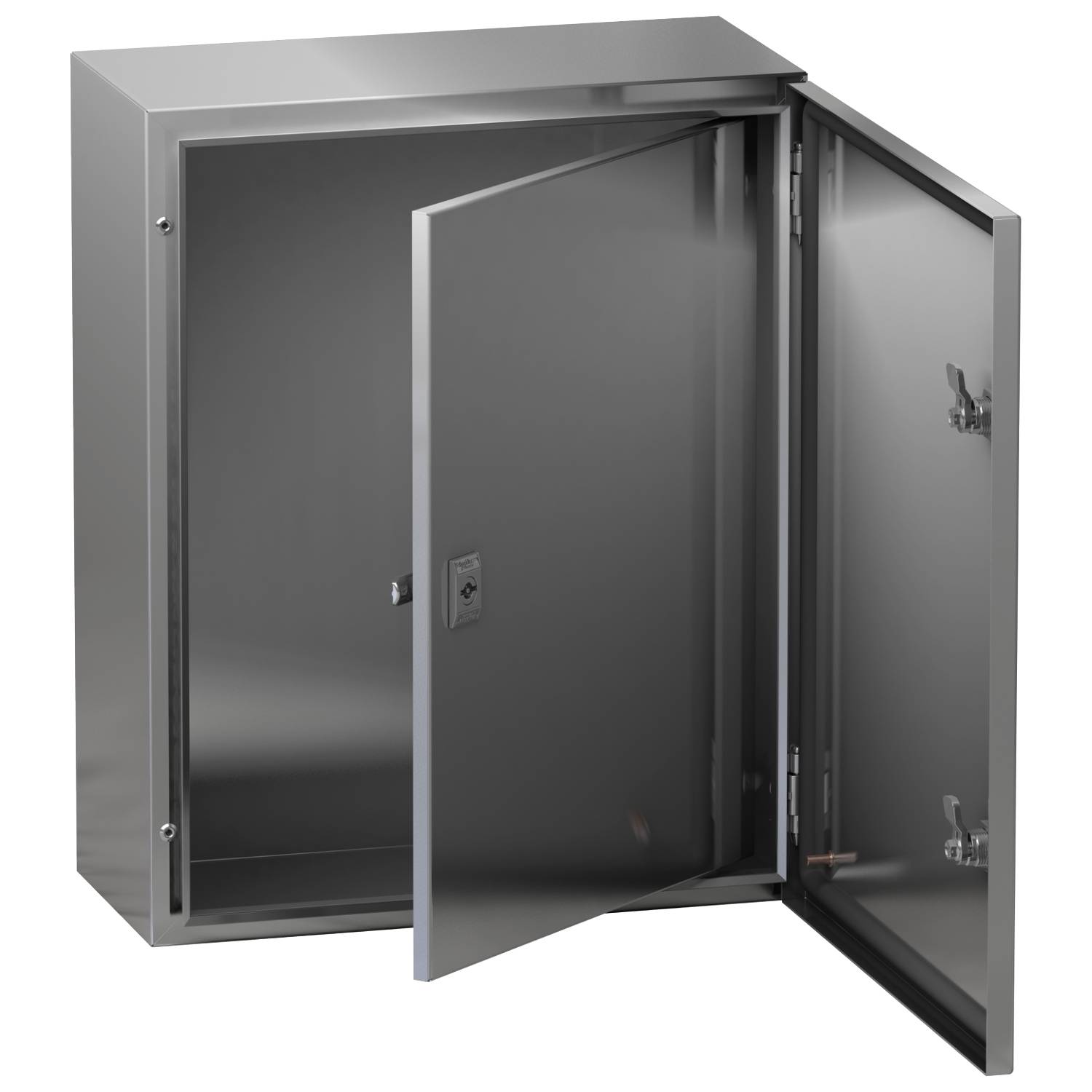 An open grey metal cabinet with two doors opened to the right, revealing an empty interior.