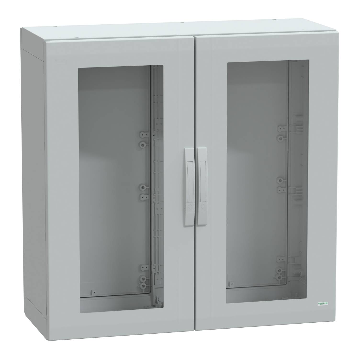 A grey, rectangular wall cabinet with two glass doors, suitable for storing electronics or tools. Hinges are visible on the left and right sides.