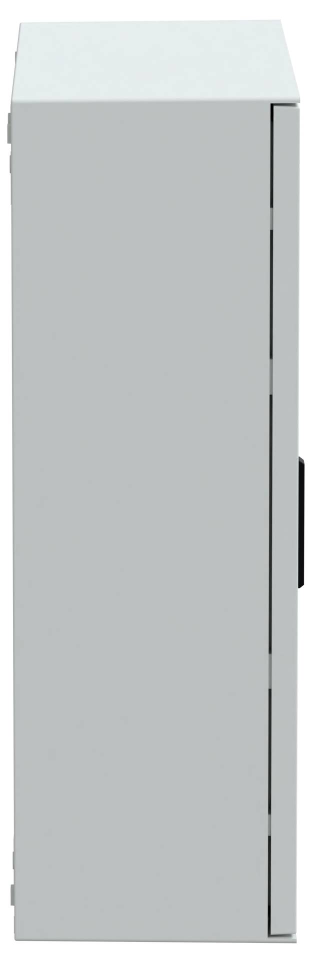 A gray, rectangular metal cabinet viewed from the side with a visible handle on the right edge.
