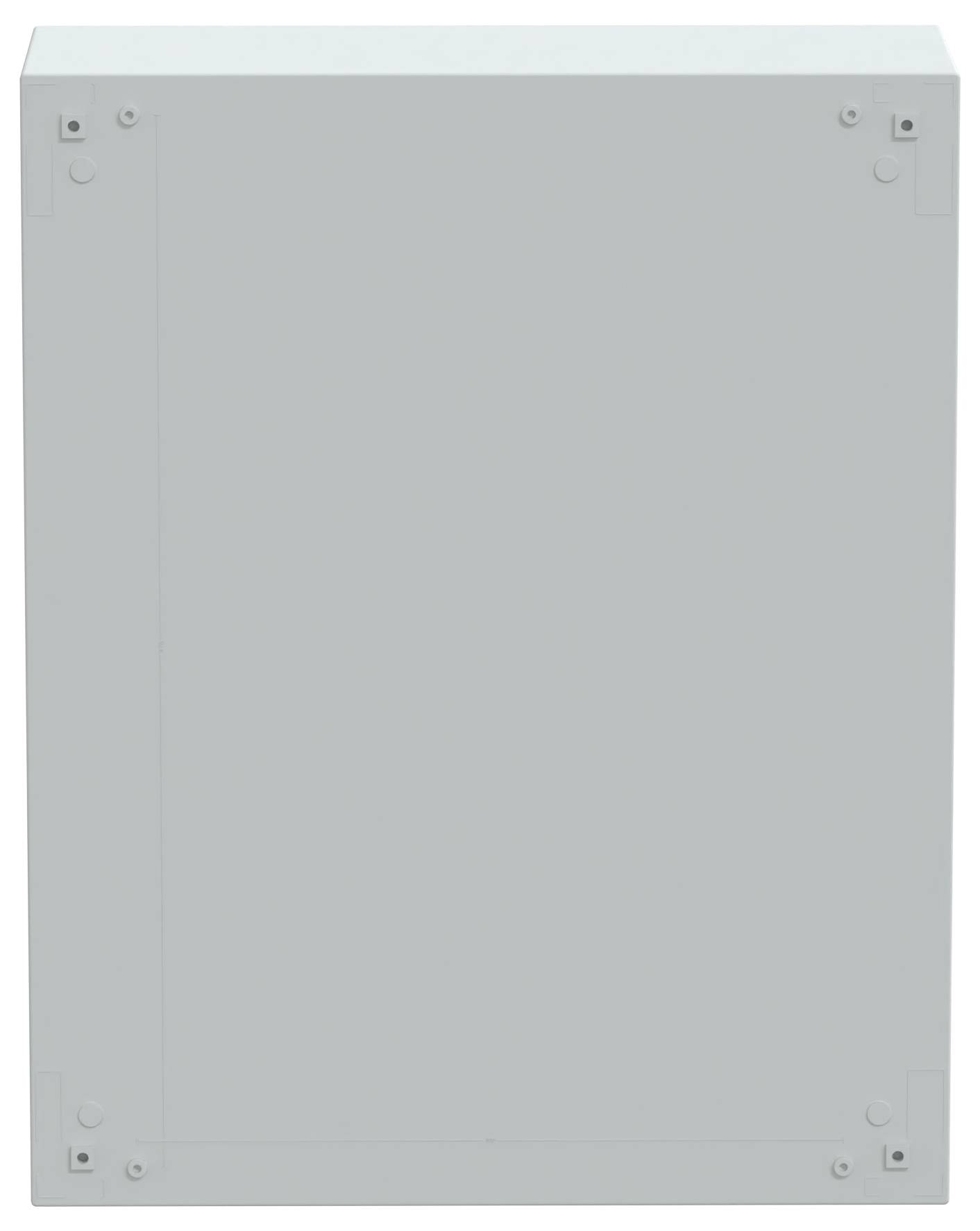 A plain, light gray rectangular metal box seen from the front, featuring small mounting points at its corners.