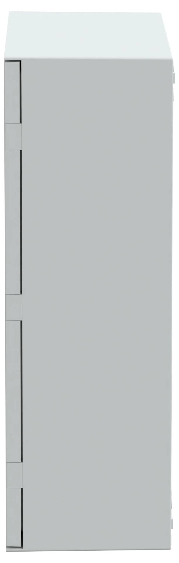 A white, rectangular cabinet viewed from the side, showing only the hinges and top edge, with no visible features on the front.