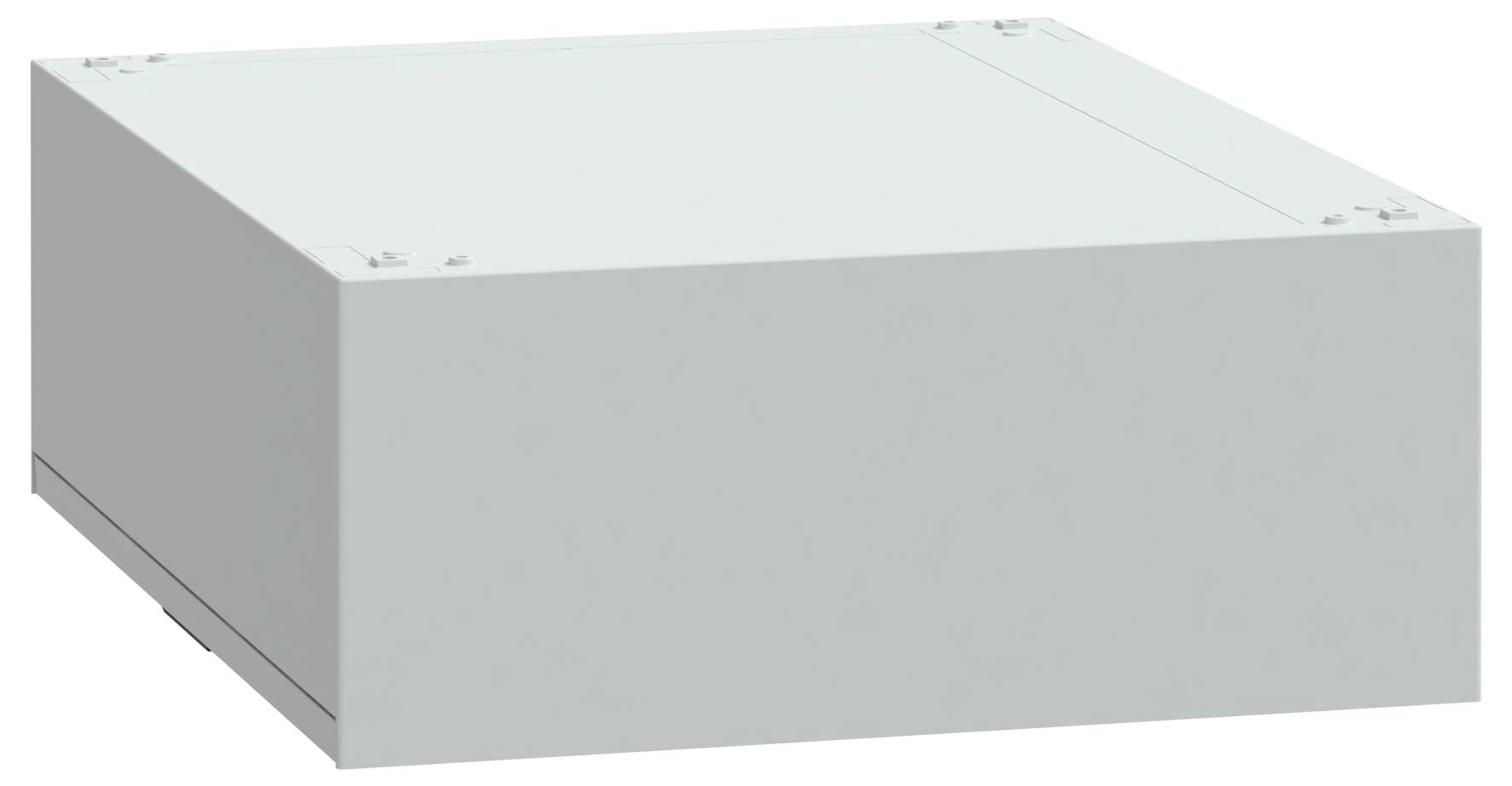 A plain, light gray, rectangular metal box with visible corner screws on a seamless white background. The box appears closed and featureless.