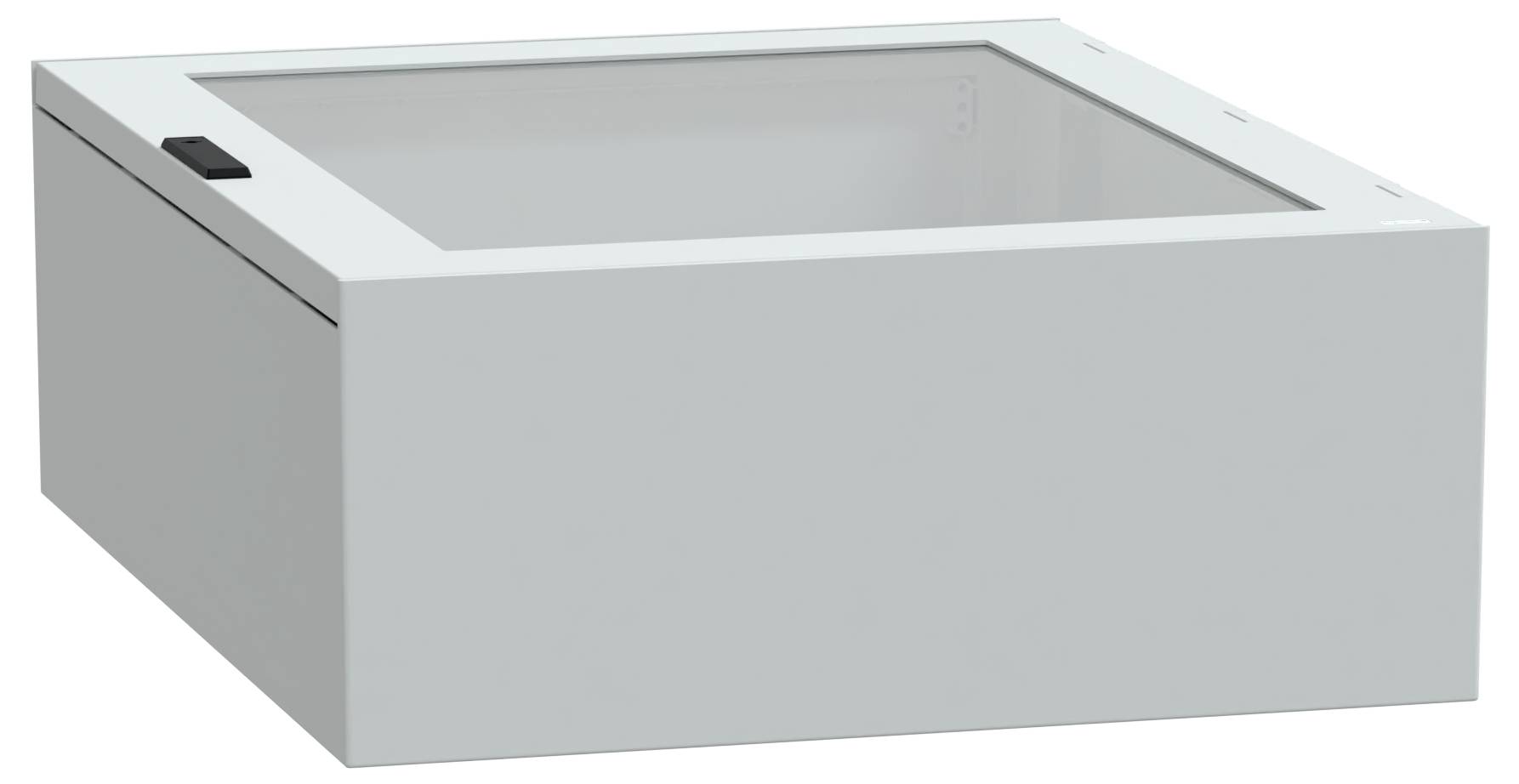 A square gray metal box with a transparent top, featuring a small black latch on the side.