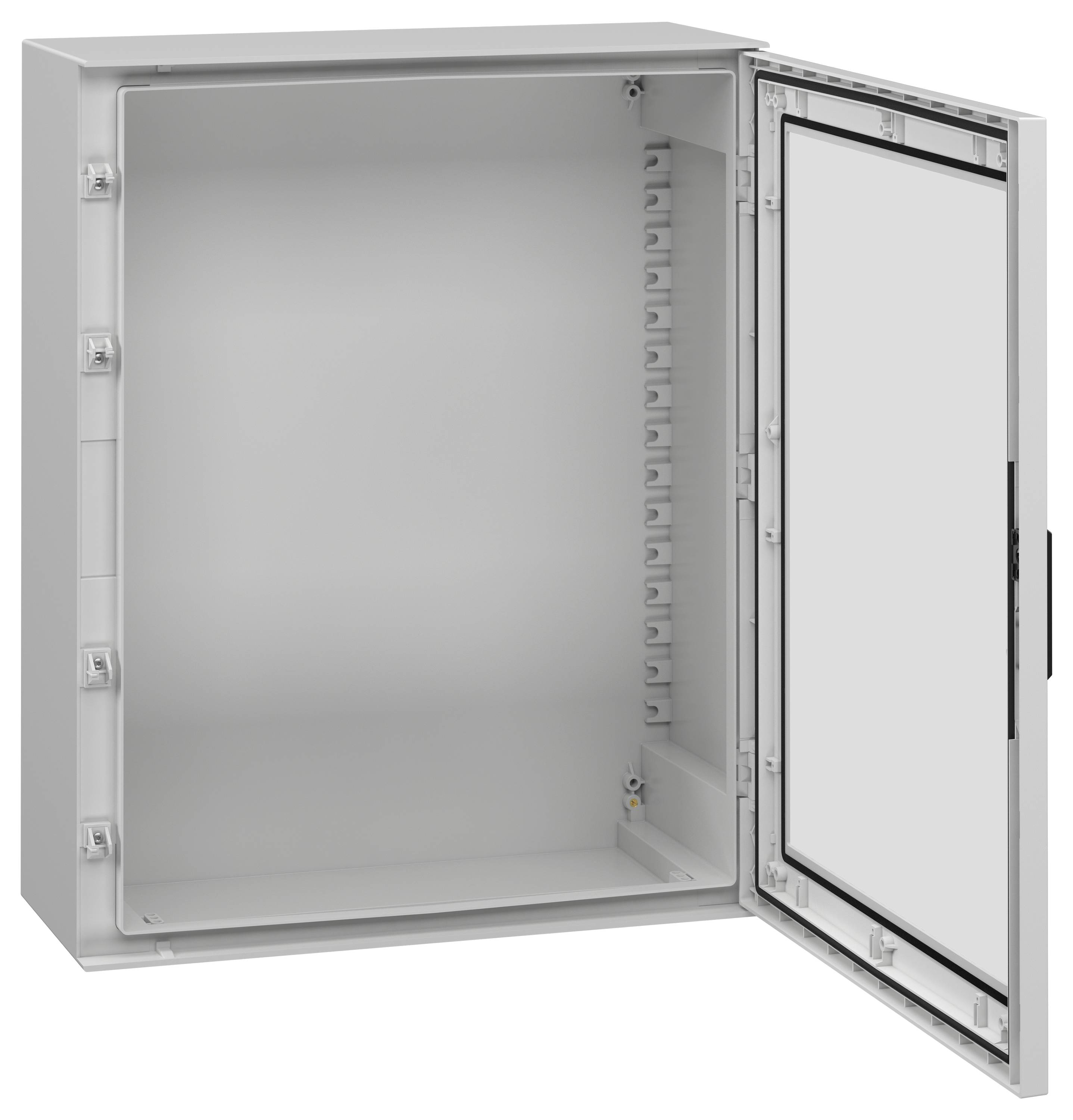 An open, empty gray metal electrical enclosure with a hinged door, showing internal mounting points and a black gasket lining.