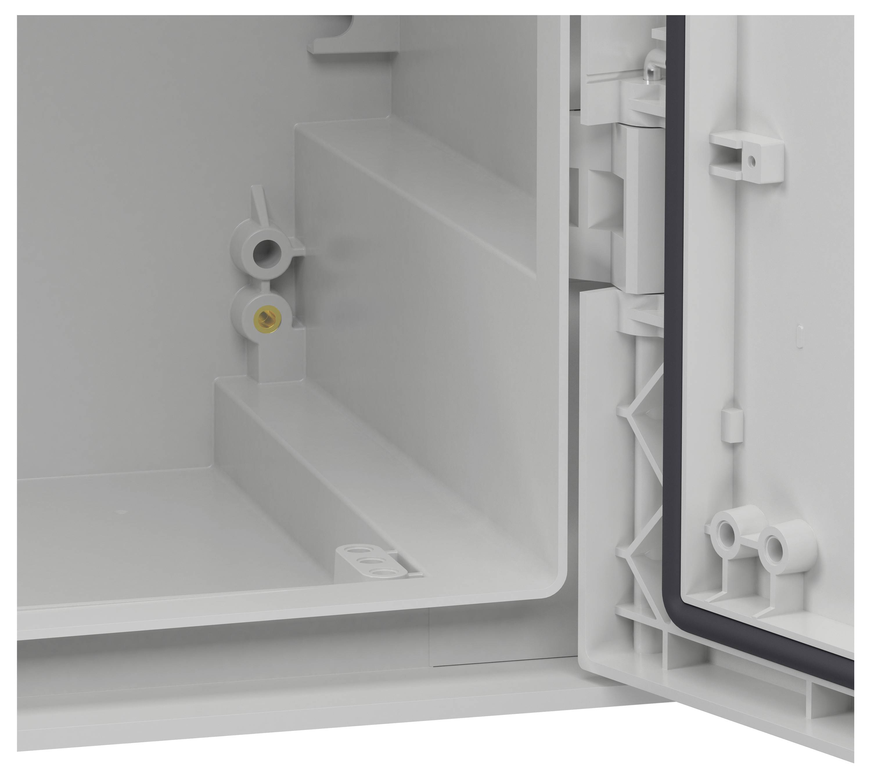 The image shows an open, empty white box with a black rubber seal along the edge, likely a protective case or enclosure.