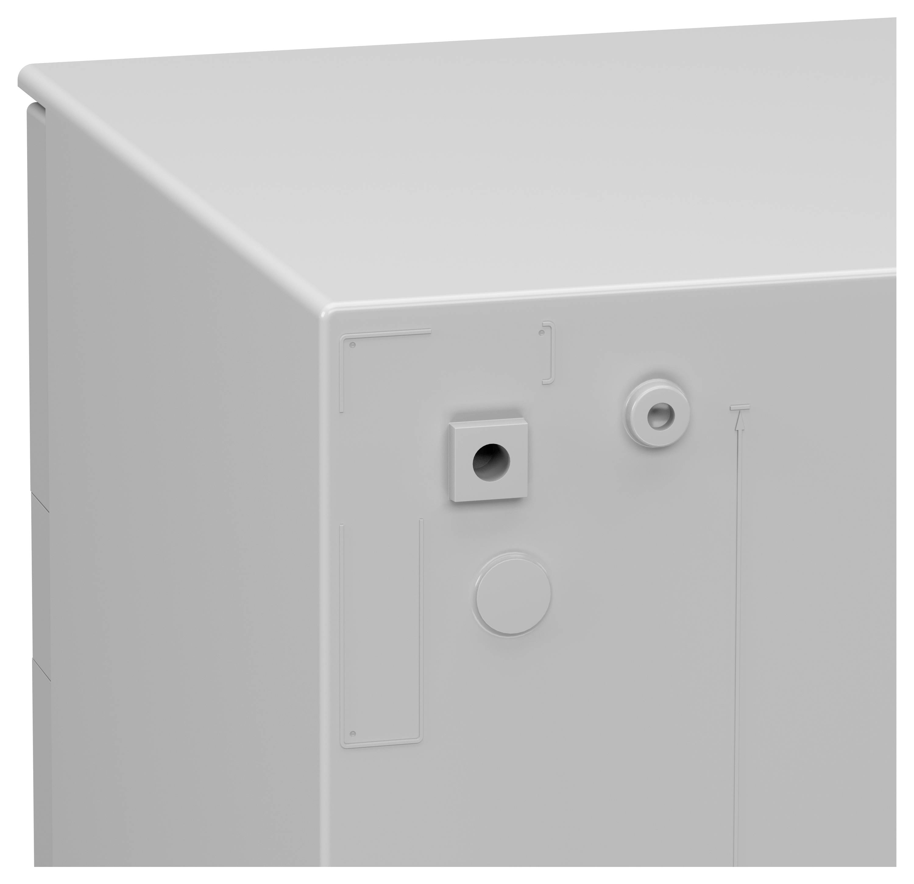 Corner view of a white metal cabinet showing various circular openings and a rectangular indentation, possibly for cables or fittings.