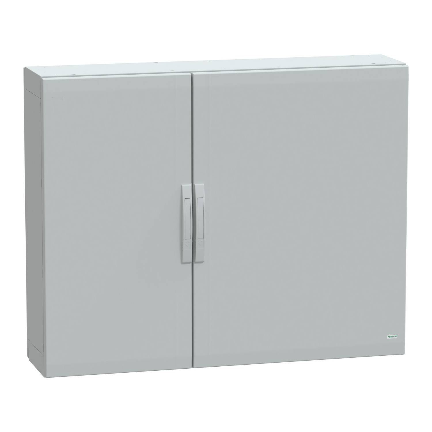 Plain grey, rectangular wall cupboard with two doors and handles.