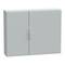 Plain grey, rectangular wall cupboard with two doors and handles.