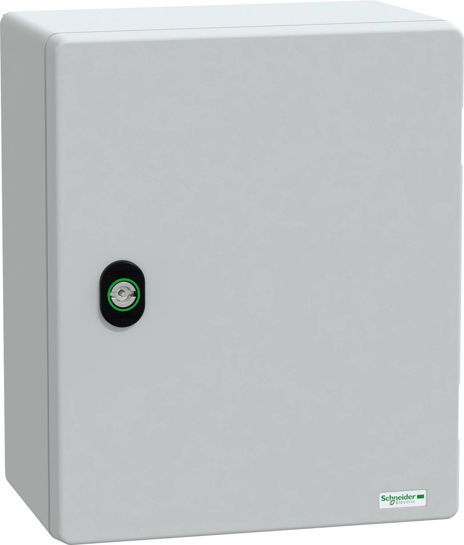 Gray electrical enclosure with a black handle and Schneider Electric logo at the bottom right.