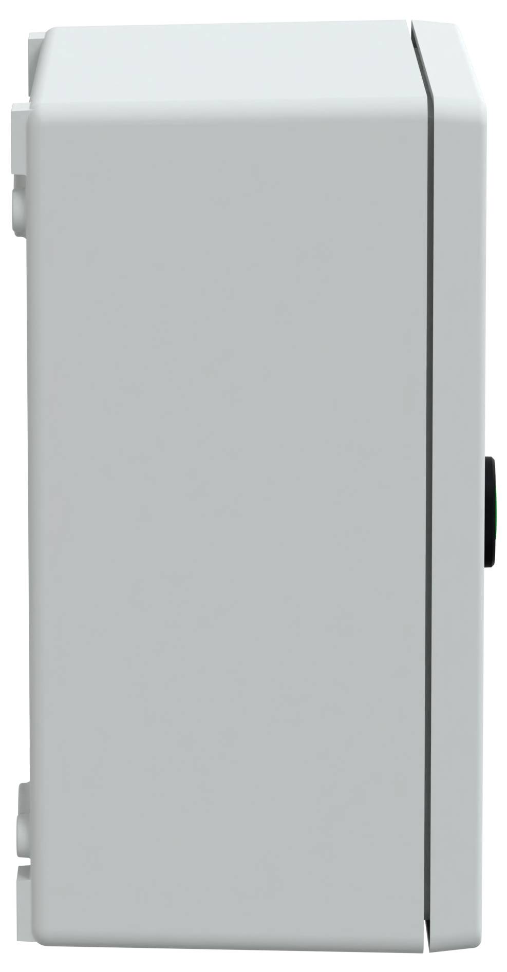 A gray, rectangular electrical box viewed from the side, showing its smooth surface and hinges on the left edge.