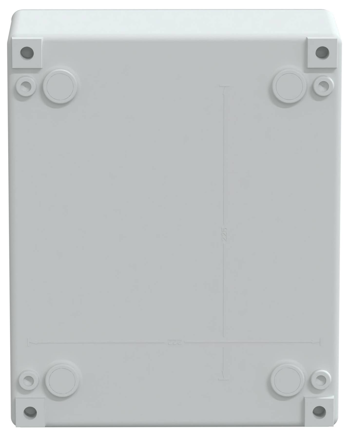 A grey, rectangular electrical junction box with rounded corners and mounting points at each corner, used for enclosing electrical connections.