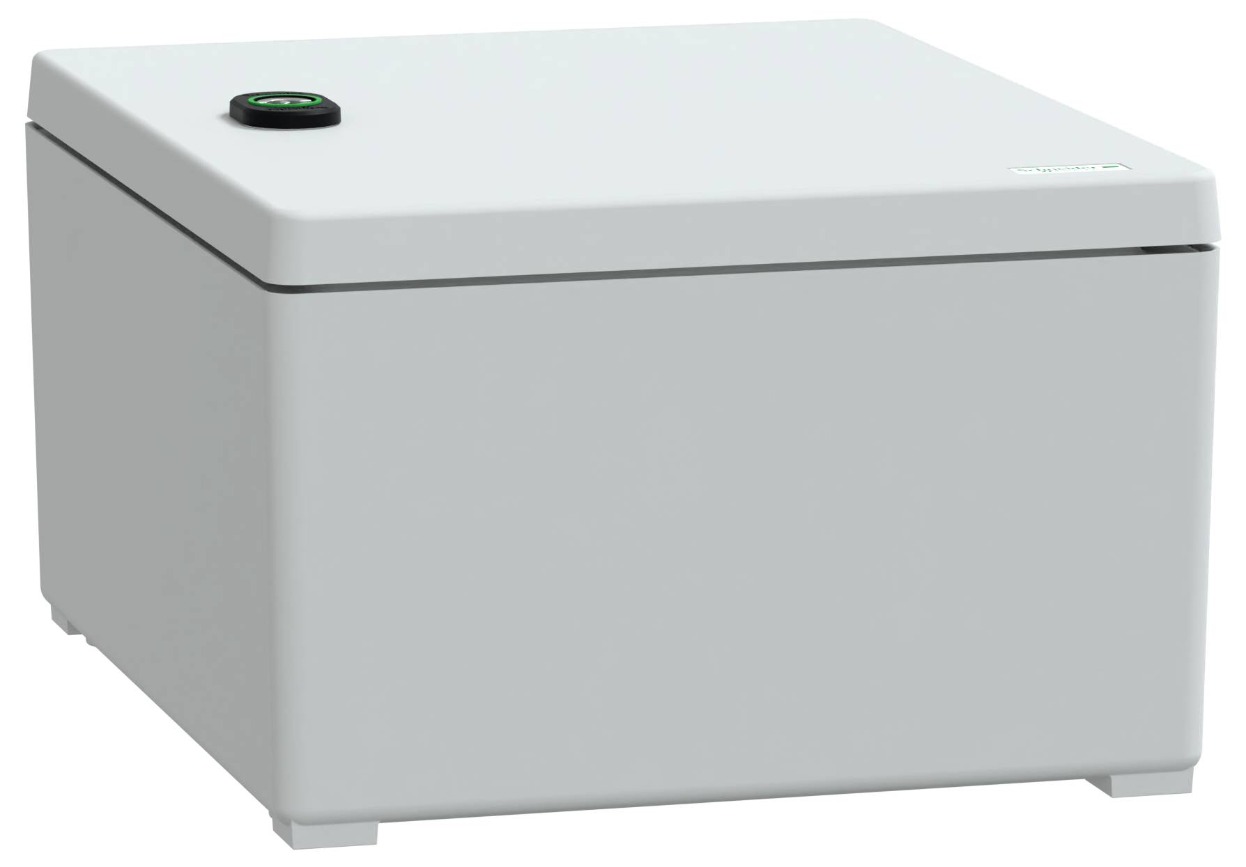 A white, rectangular tabletop appliance with a black circular dial on top, possibly used for food preparation or storage.