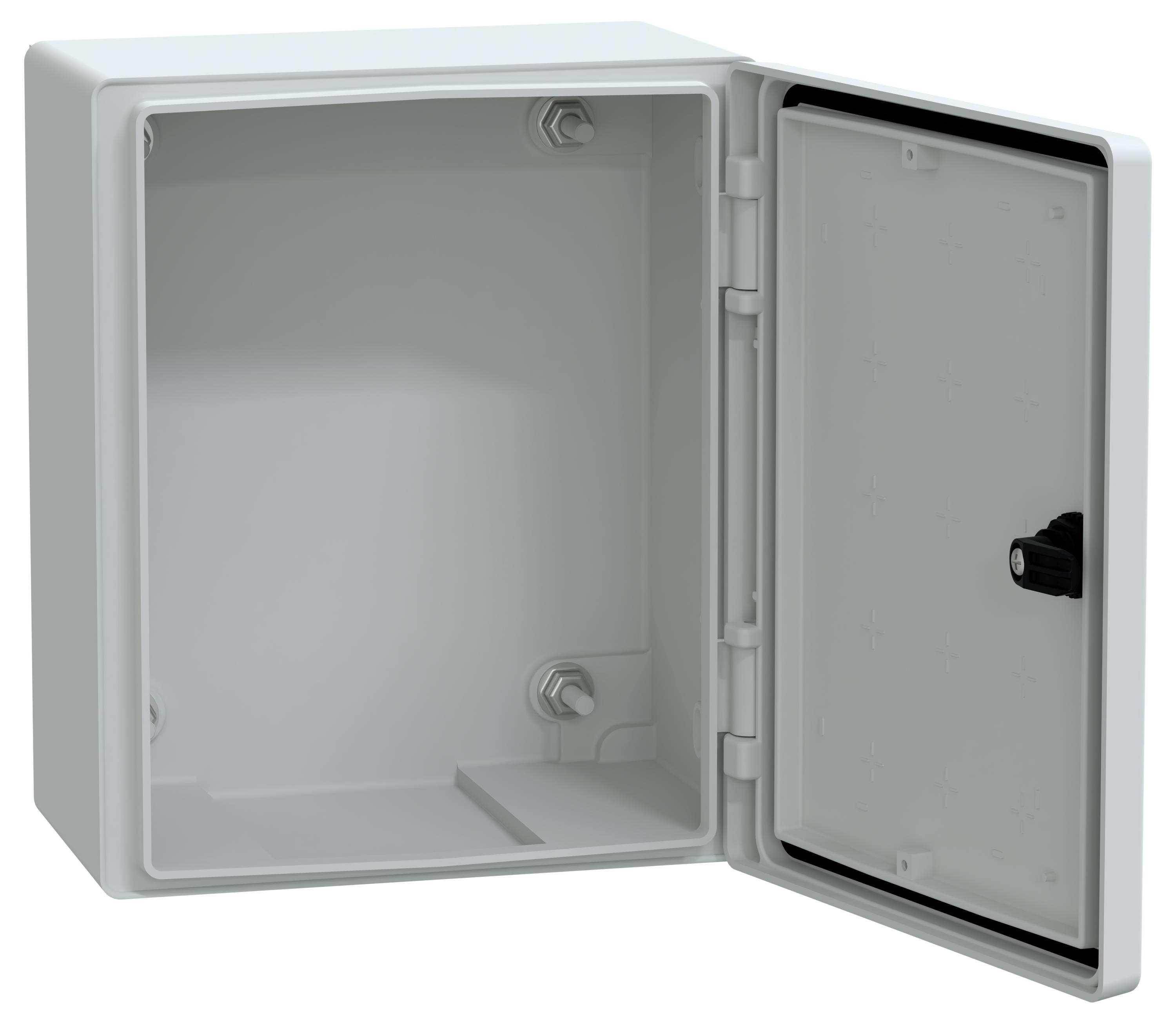 A small, open white electrical enclosure box with a hinged door and a latch, showing an empty interior with mounting brackets.