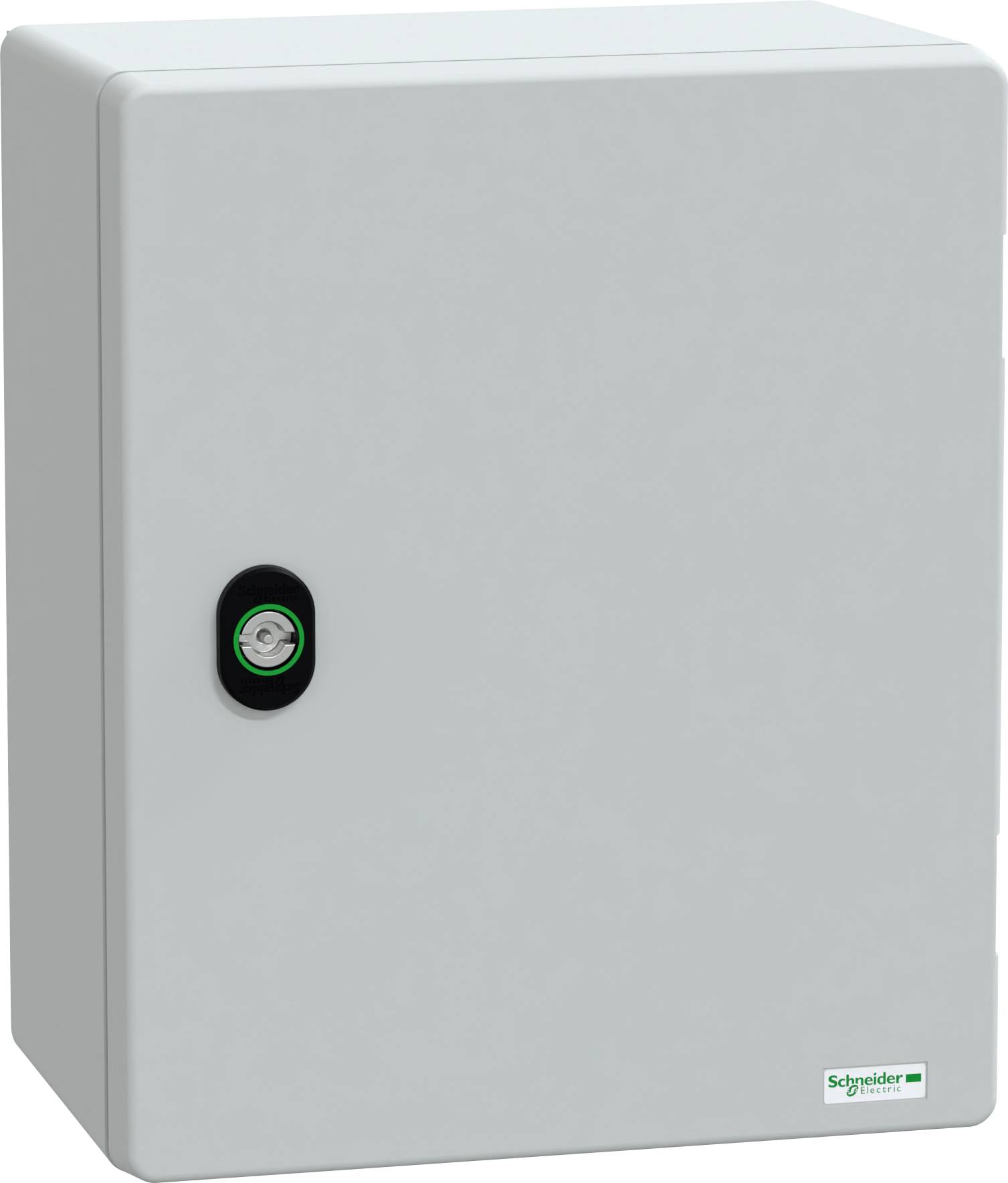 A gray metal electrical enclosure with a keyhole on the front, used for housing electrical components, with a small logo at the bottom.