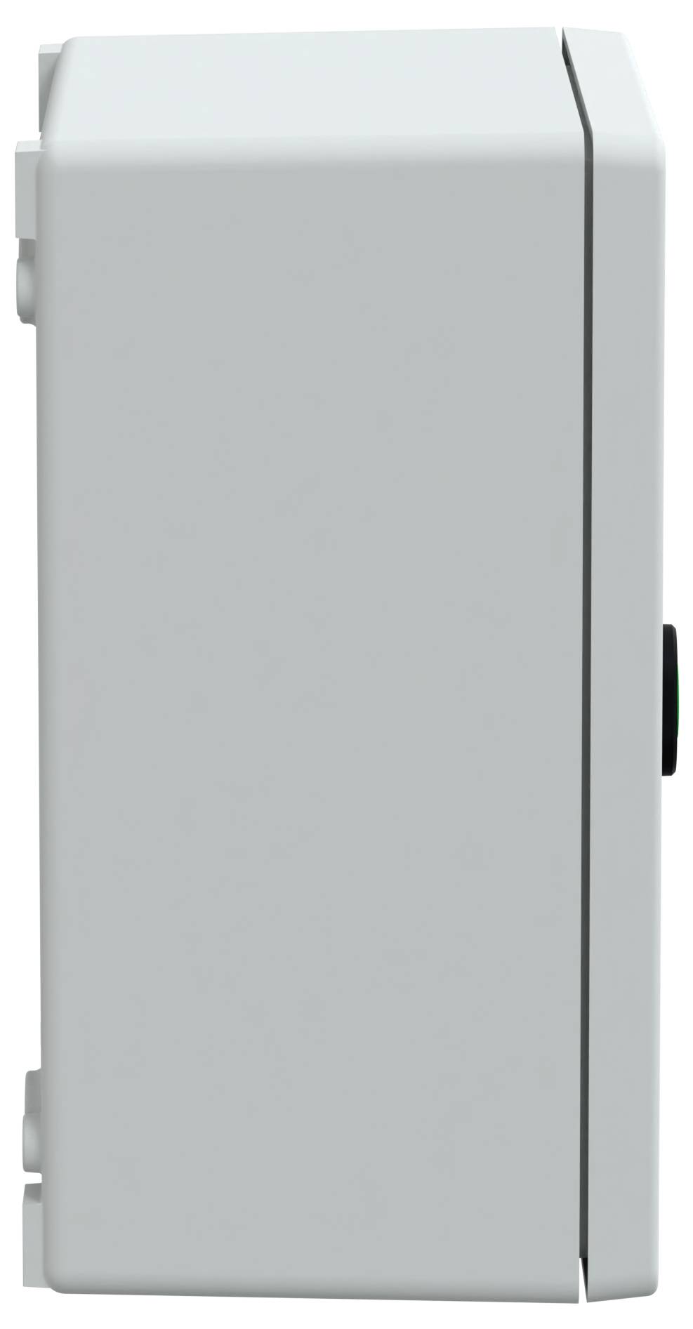 Side view of a plain, rectangular, gray wall-mounted electrical box with a visible seam running vertically along the front edge.