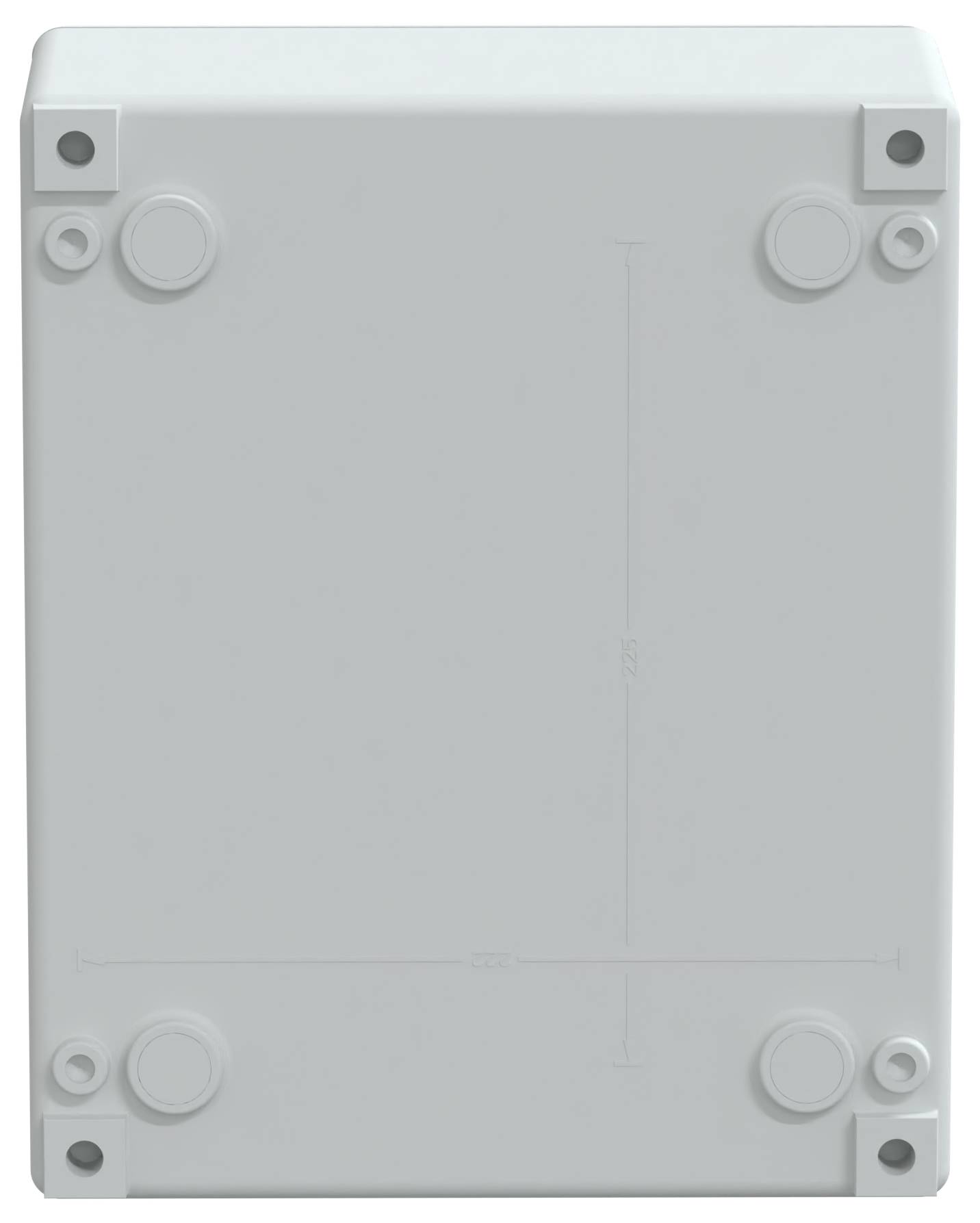 A plastic enclosure with a smooth surface, featuring multiple screw holes at each corner and cable entry points on the sides.
