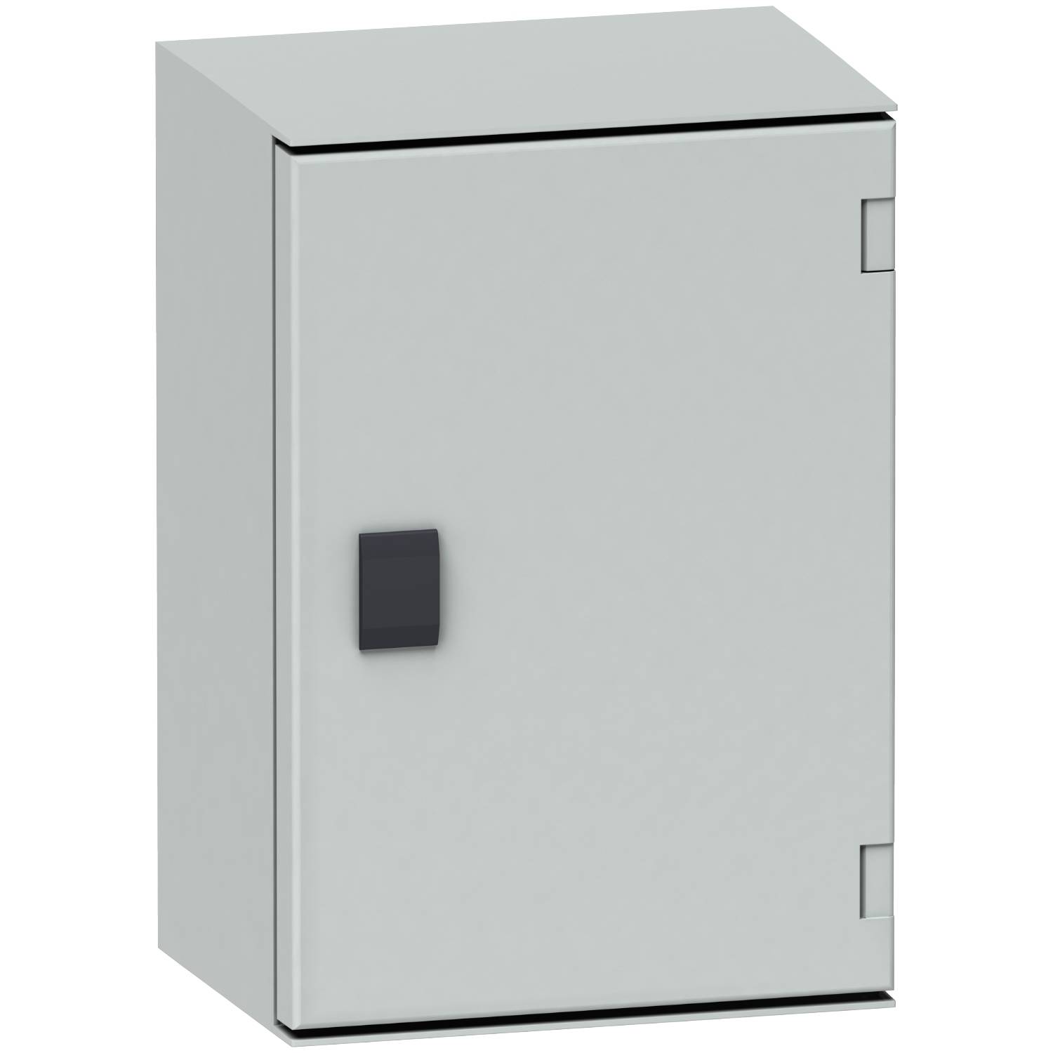 Metal-clad cabinet with a black handle, wall-mounted. Primarily used for storing electrical components.