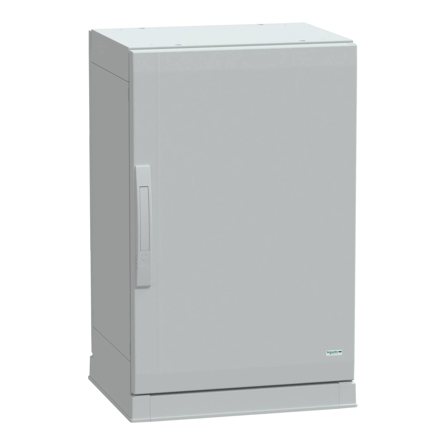 A grey, rectangular outdoor cabinet with a handle on the front. Suitable for storing or protecting electronic equipment.