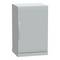 A grey, rectangular outdoor cabinet with a handle on the front. Suitable for storing or protecting electronic equipment.