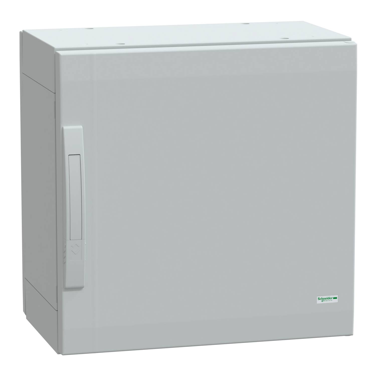 Grey wall-mounted enclosure with handle and small logo in the bottom right corner. Suitable for indoor use for the secure storage of electrical equipment.