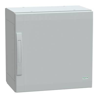 Grey wall-mounted enclosure with handle and small logo in the bottom right corner. Suitable for indoor use for the secure storage of electrical equipment.
