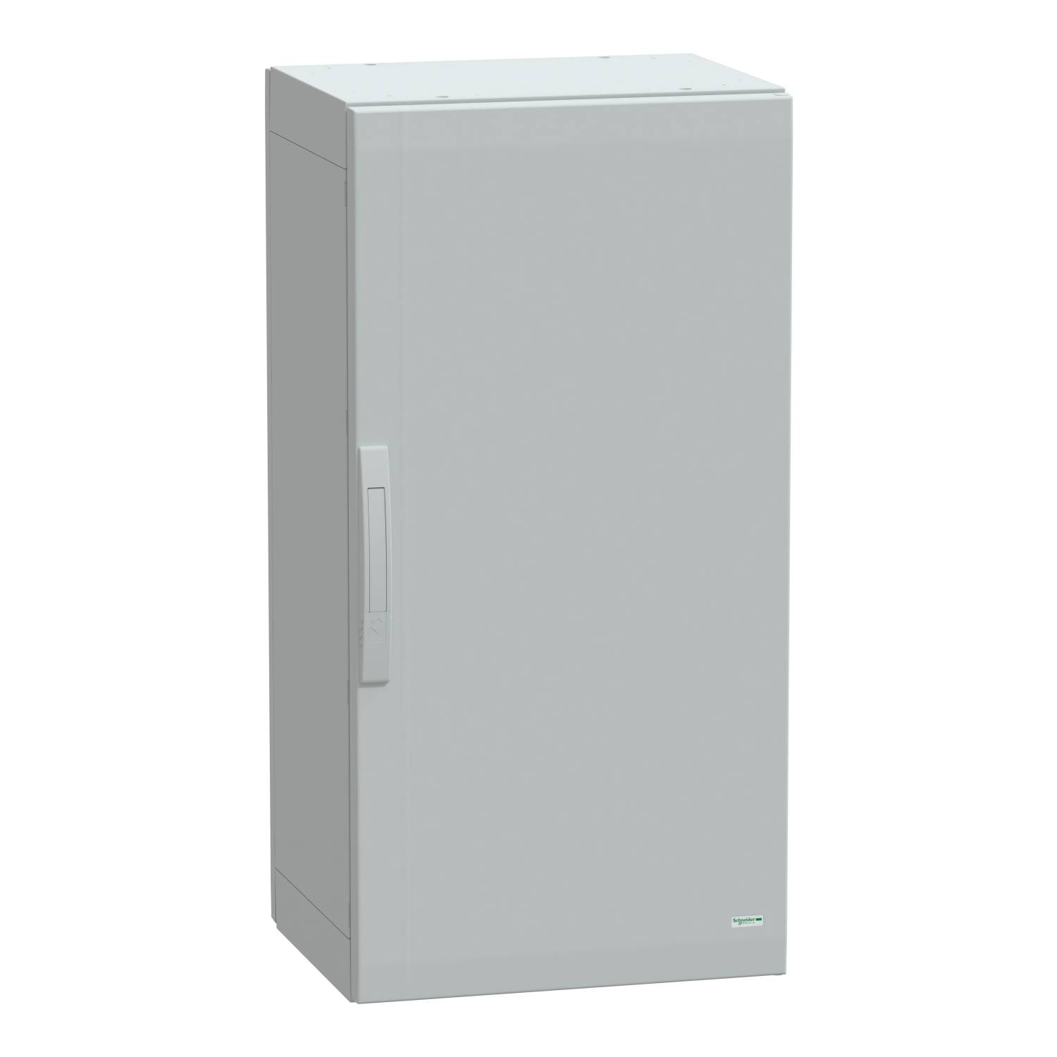 Grey, tall cupboard with a handle on the left, suitable for storing items or tools.