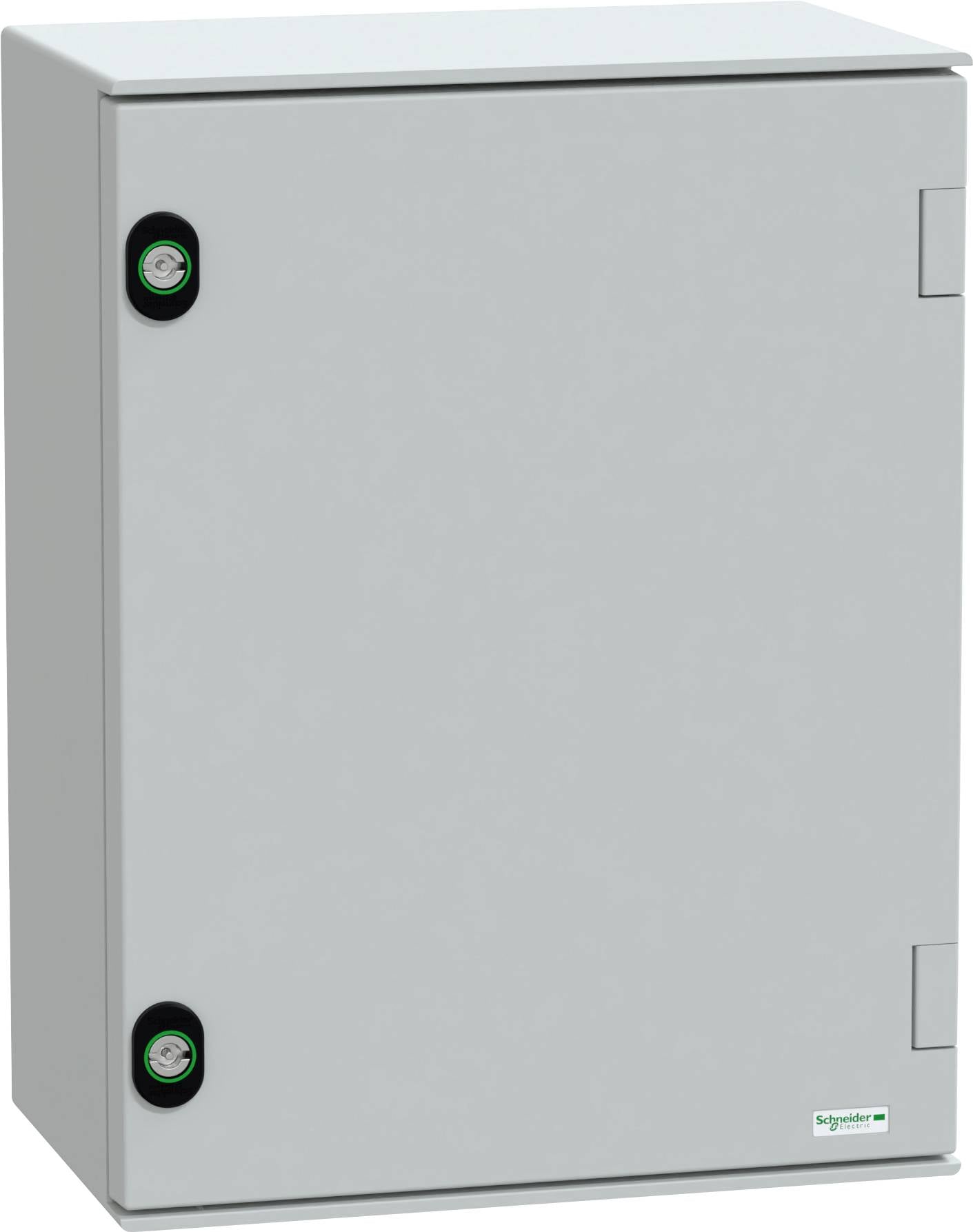 A gray electrical enclosure with a Schneider Electric logo on the bottom right corner, featuring two latch locks on the left side.