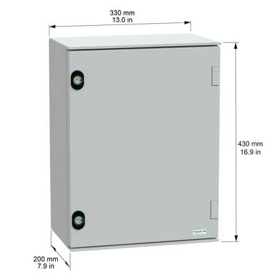 A rectangular electrical enclosure with dimensions labeled: 330 mm (13.0 in) wide, 430 mm (16.9 in) tall, and 200 mm (7.9 in) deep.