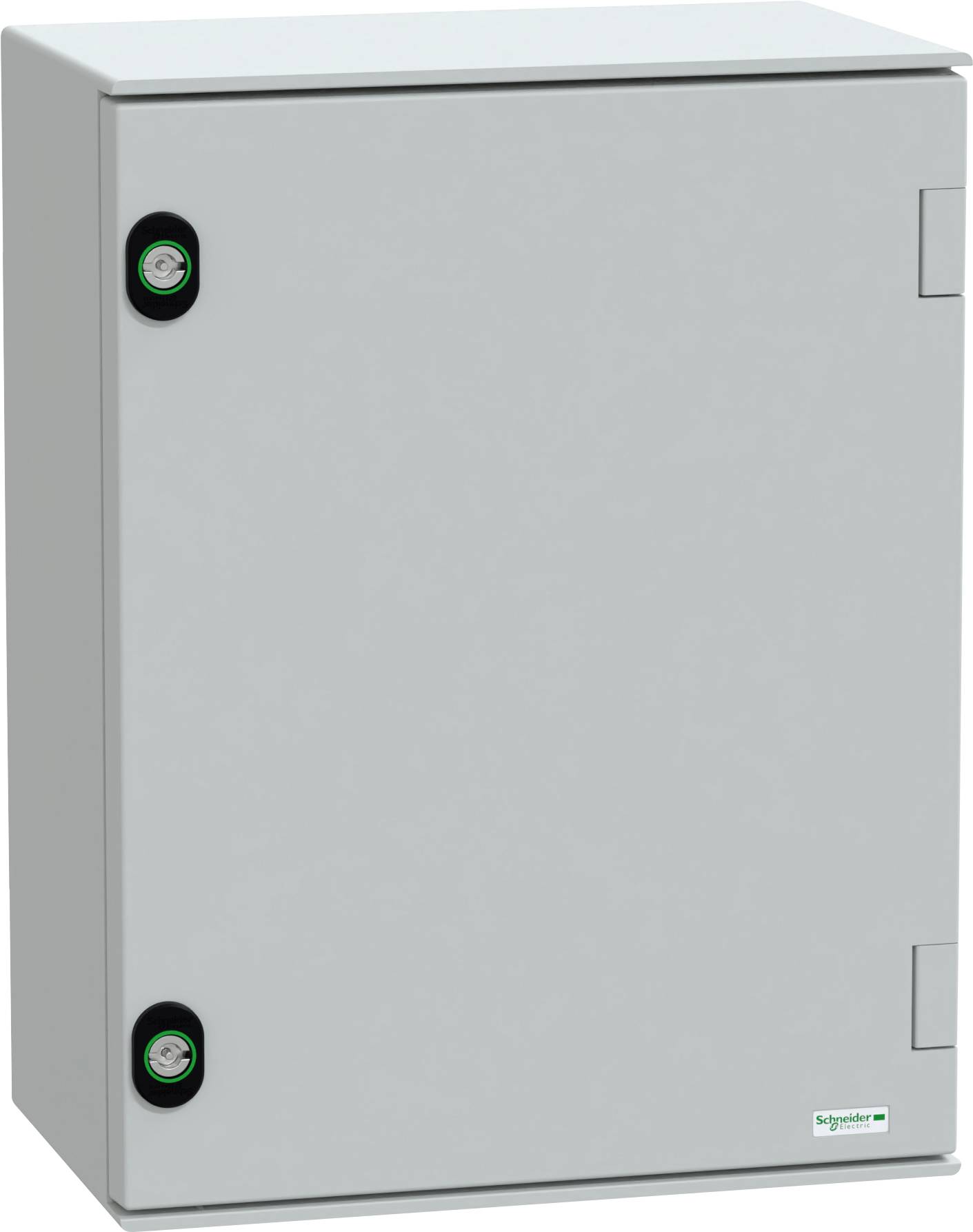 A gray metal electrical enclosure with a rectangular shape and secure locking latches on the left side. Small green logo in the bottom right corner.