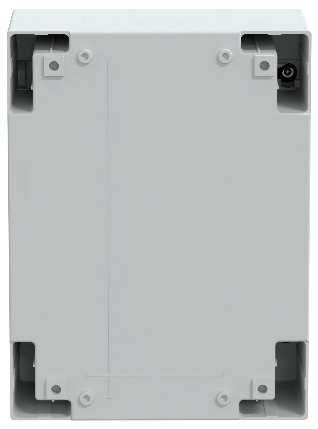 A rectangular, grey electrical box with screw holes at the corners on a white background.