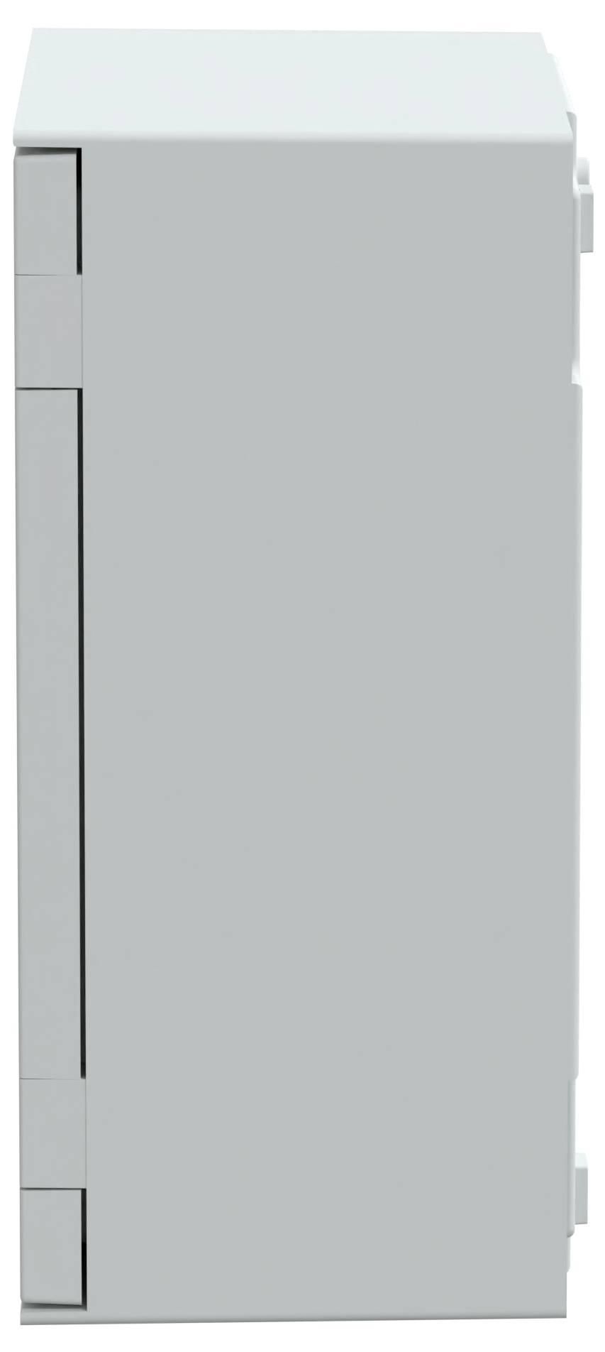 A closed, white rectangular box with a visible hinge and latch on its side, suggesting it might be a storage or control cabinet.