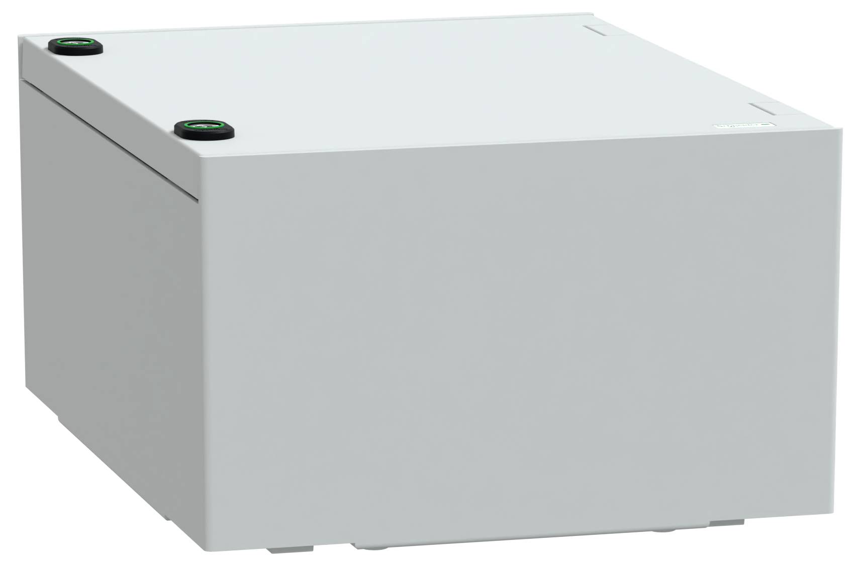 Metallic electrical equipment enclosure with two black buttons on the top, used for housing electronic components or connections.