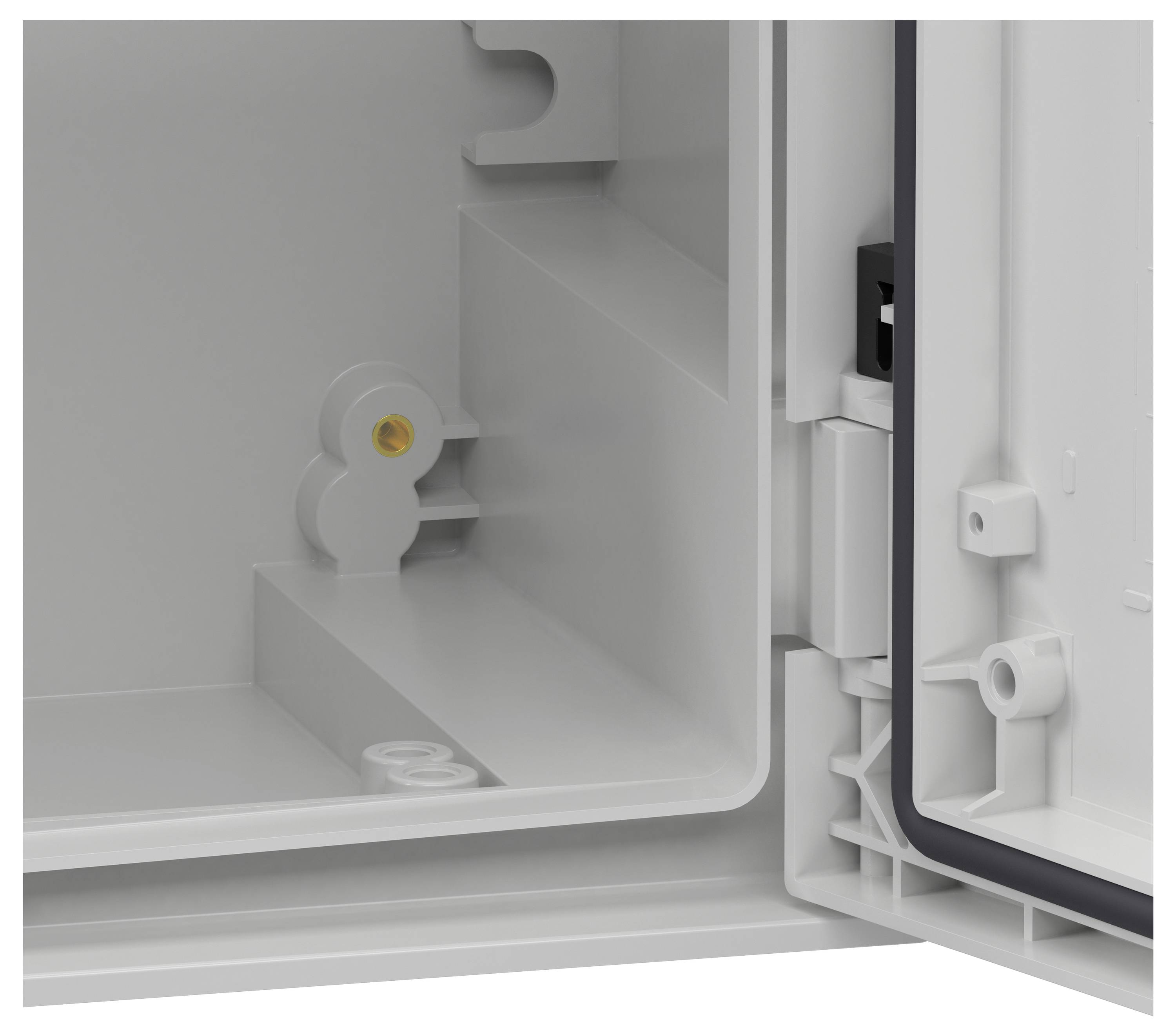 'Image of an open electrical enclosure, showing an interior with smooth surfaces and mounting options for fixtures.'