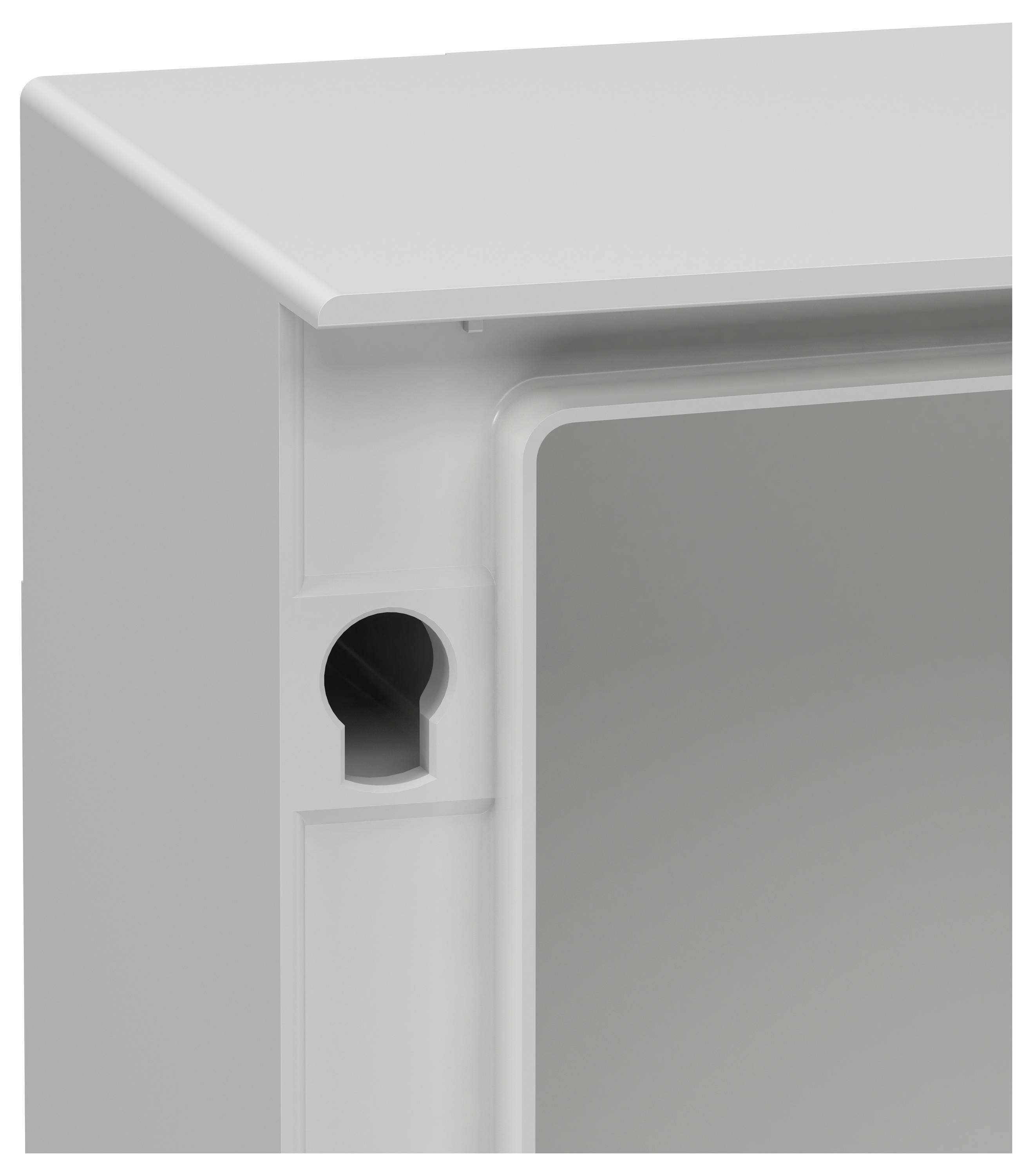 Close-up of a corner of a white cabinet showing a keyhole slot for wall mounting installation.