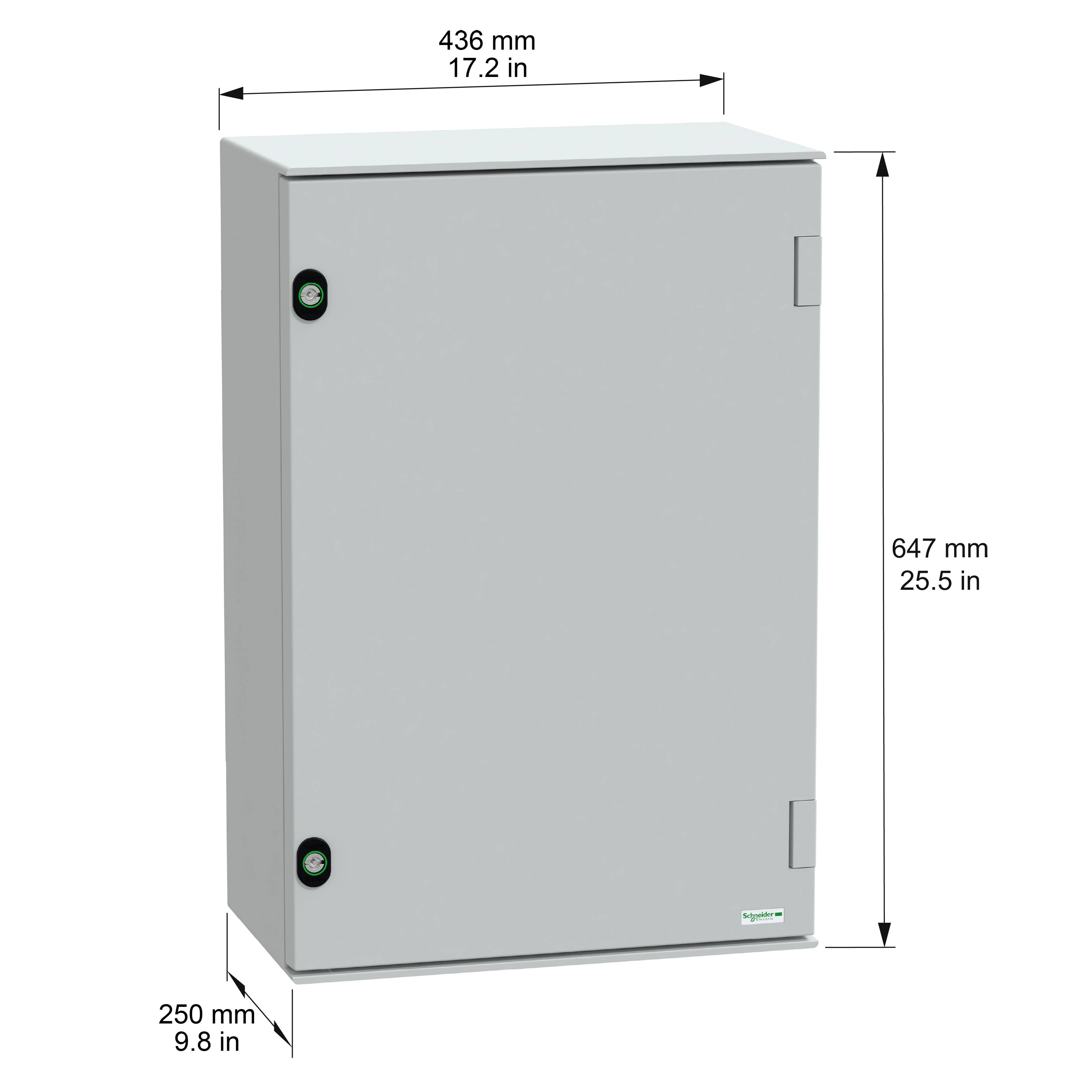 An electrical enclosure measuring 436 mm (17.2 in) wide, 647 mm (25.5 in) tall, and 250 mm (9.8 in) deep, shown with closed doors.