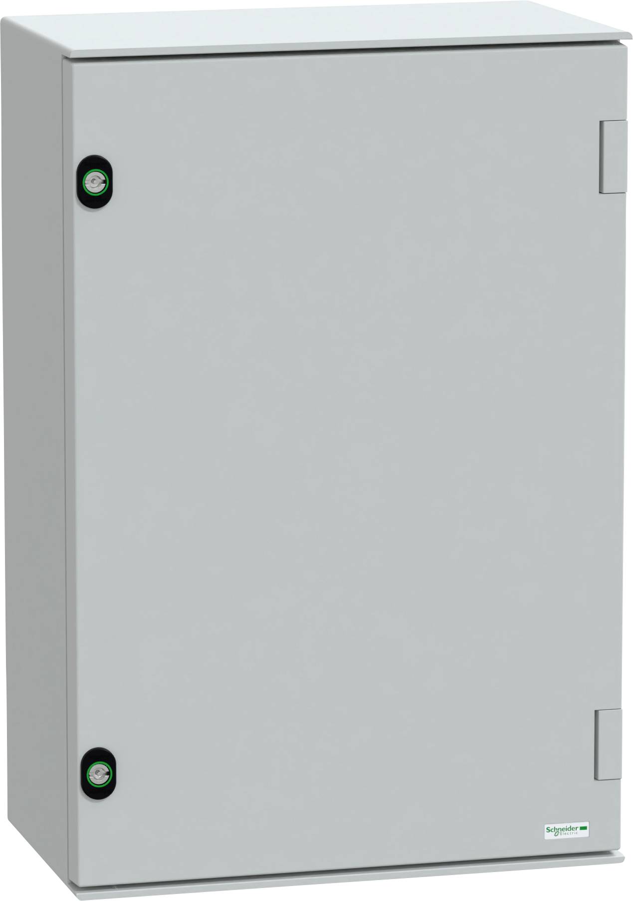 A gray metal electrical enclosure box with hinges on the right side and two circular locks on the left, branded with 'Schneider Electric'.