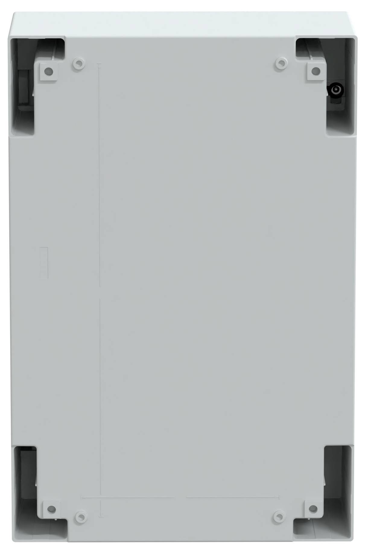 A plain, rectangular, light grey box with visible screw holes on each corner and a power port on the top right corner.