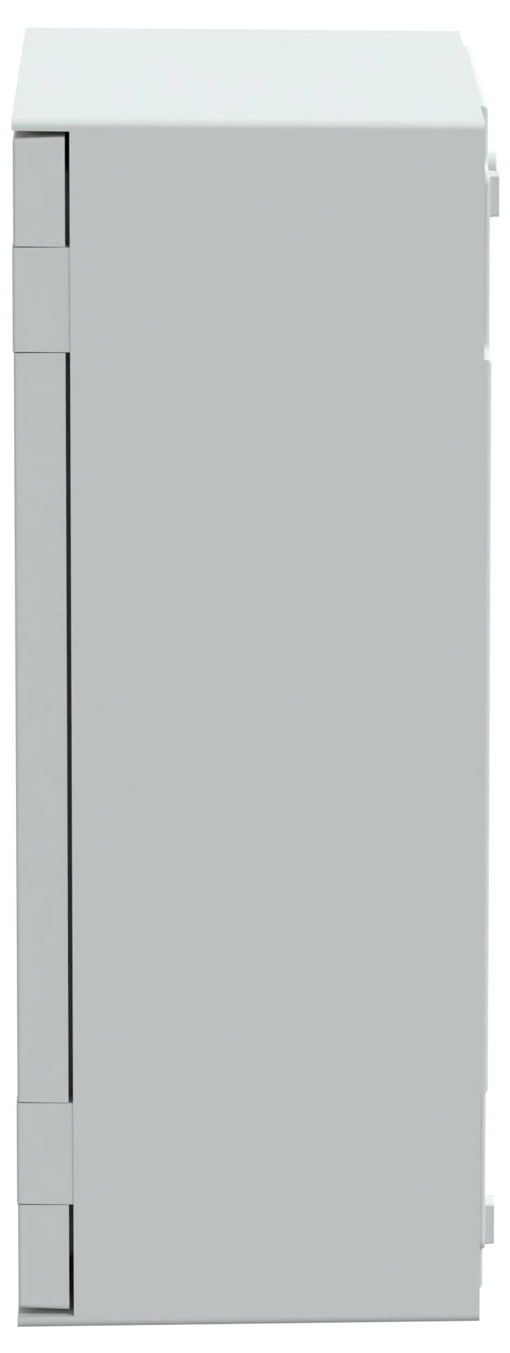 The image shows the side view of a tall, closed, light gray metal cabinet with visible hinges on the left side.